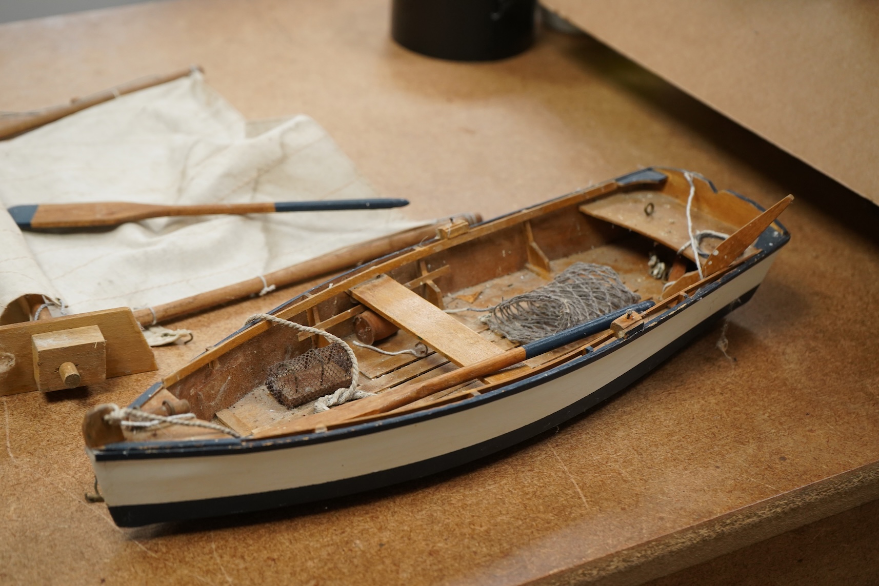 A Pietra Dura inkstand, telescope, cased glass flask and a wood boat model
